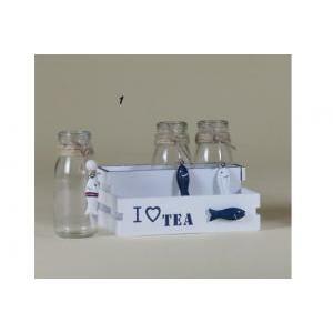 Scatola in legno bianca con tre bottiglie di vetro con pesciolini