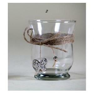 Vasetto in vetro trasparente con spago naturale e farfalla argentata - 9 x 11 cm