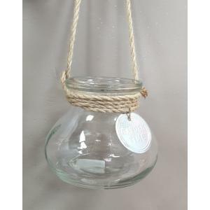 Vaso in vetro trasparente porta candele con manico in corda e applicazione in metallo - 18 x 15 cm