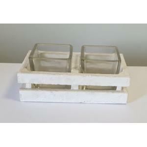 Vassoio rettangolare in legno bianco con 2 porta tea light in vetro quadrati - 14 x 7.5 x 5.5 cm