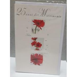 Biglietto auguri 25 anni matrimonio con fiori rossi