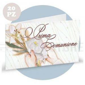 Bigliettini prima comunione con fiore e rosario - 1 foglio da 20pz