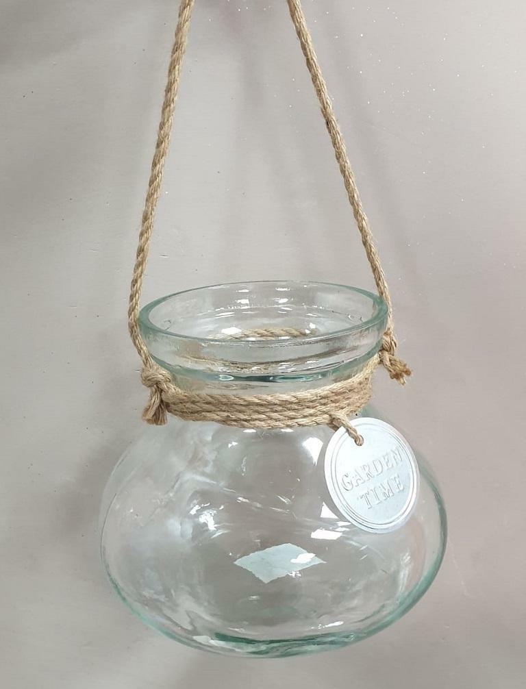 Vaso in vetro trasparente porta candele con manico in corda e applicazione  in metallo