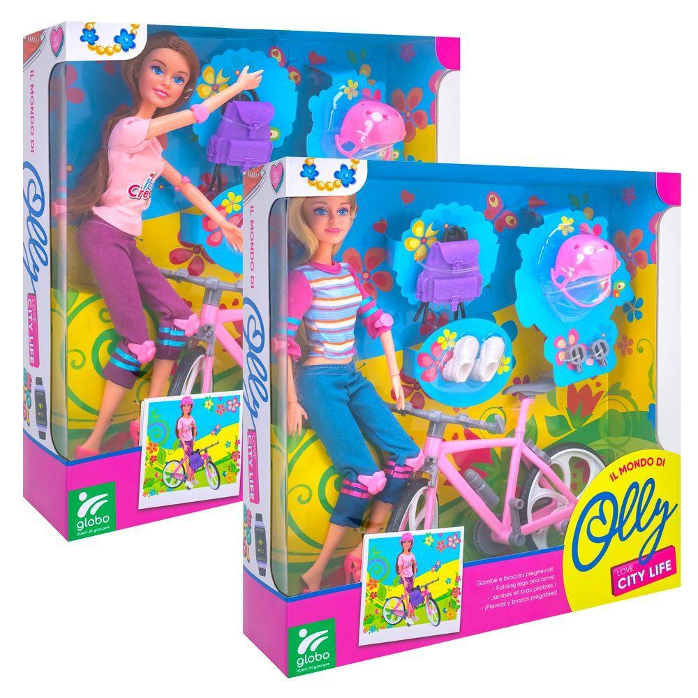 globo bambola con bicicletta e accessori assortita