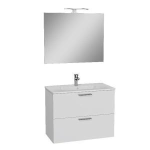 Mobile bagno sospeso 80 cm con 2 cassetti lavabo specchio e lampada led bianco lucido  75024