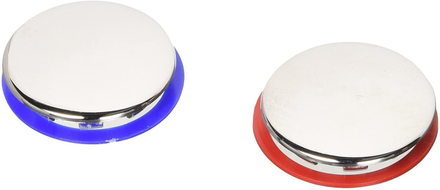 Coppia di placchette di ricambio tonde a graffa IDROBRIC per maniglie o manopole rubinetto, in ottone cromato con rifiniture rossa e blu