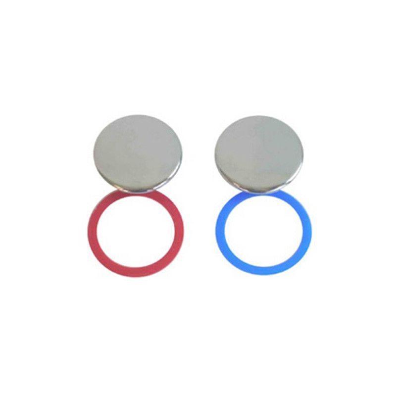 Coppia di placchette di ricambio tonde a graffa IDROBRIC per maniglie o manopole rubinetto, in ottone cromato con rifiniture rossa e blu