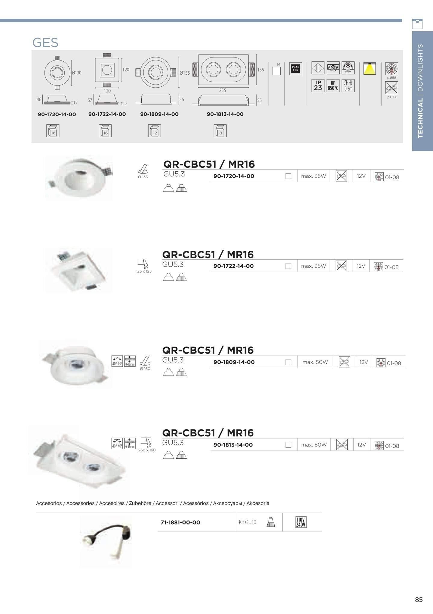 Faretto da incasso a soffitto LEDS C4 GES TECHNICAL, diametro 155 mm, portalampada GU5.3 max 50W, lampadina NON inclusa, colore bianco, LED 90-1809-14-00.