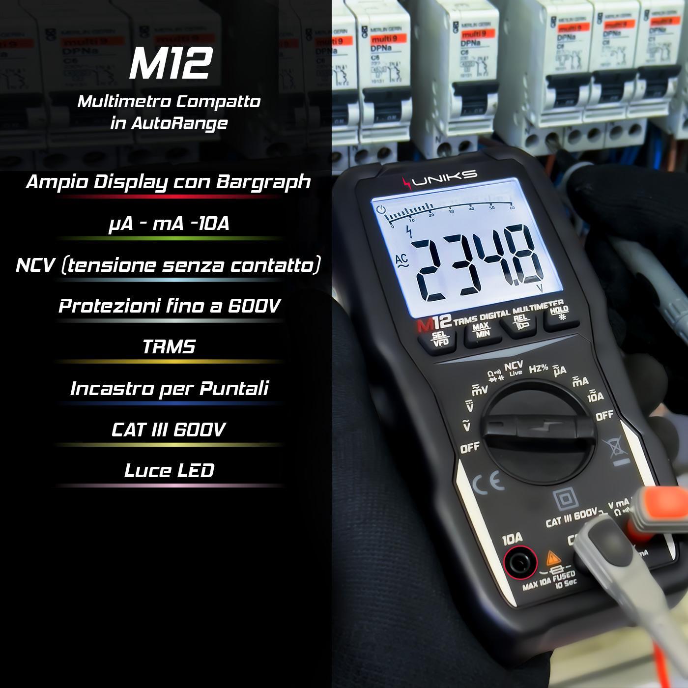 Multimetro in autorange e TRMS CAT III 600V Uniks M12